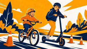 Illustration: Ein Kind auf dem Fahrrad und ein Jugendlicher auf dem E-Scooter fahren mit Helm durch einen Parcours mit Pylonen